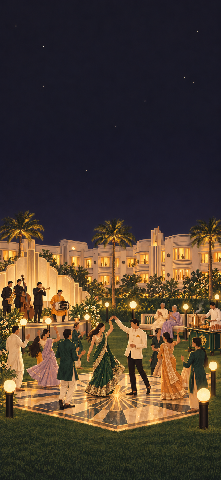 Illustrated late-night after-party on an art-deco hotel lawn: the bride in a bottle-green sari and the groom in an ivory bandhgala dance on a sunburst floor among friends, a jazz trio and a dhol player play on a stepped deco bandstand, and a chai cart pours beside lit deco facades under a dark sky.