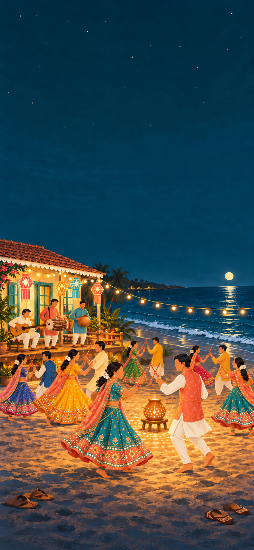 Illustrated night party on a Goan beach: the couple and their relatives dance dandiya in pairs around a glowing clay lamp pot on the sand, a small band plays on a deck by a whitewashed house, and a string of warm bulbs hangs under a dark teal sky.