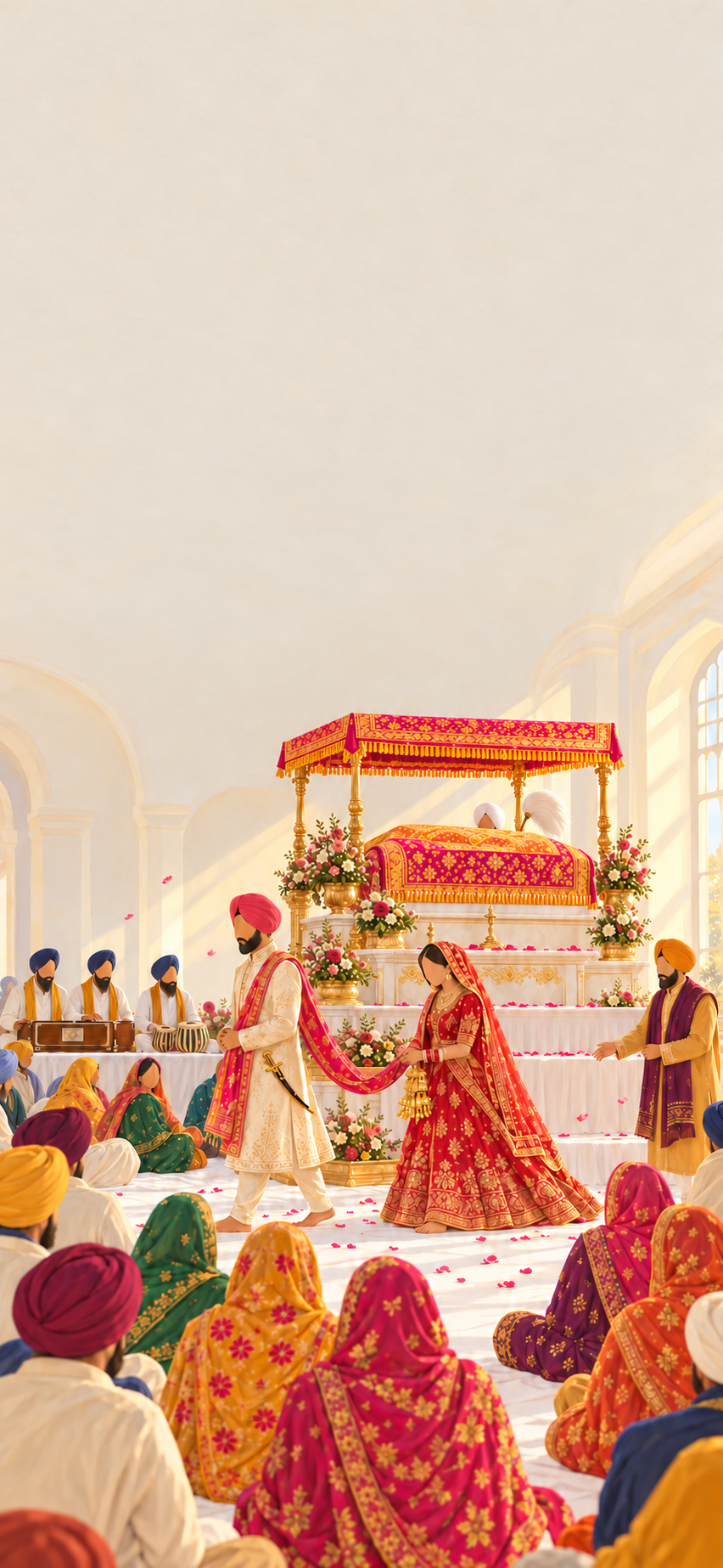 Illustrated Anand Karaj in a village gurdwara: the groom leads and the bride follows holding the palla as they walk clockwise around the Guru Granth Sahib on its canopied palki, with the granthi, ragis and seated sangat around them.