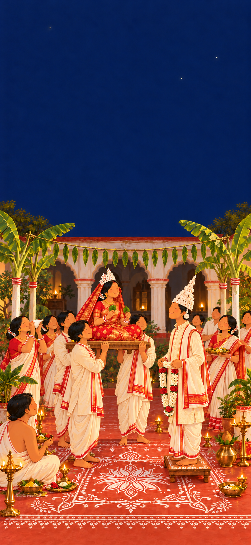 Illustrated Bengali wedding at night: the bride in red Benarasi and a white shola crown, carried on a stool by four young men, lowers two betel leaves to see the groom in his tall white topor, under a chhadnatala with banana plants at its corners.