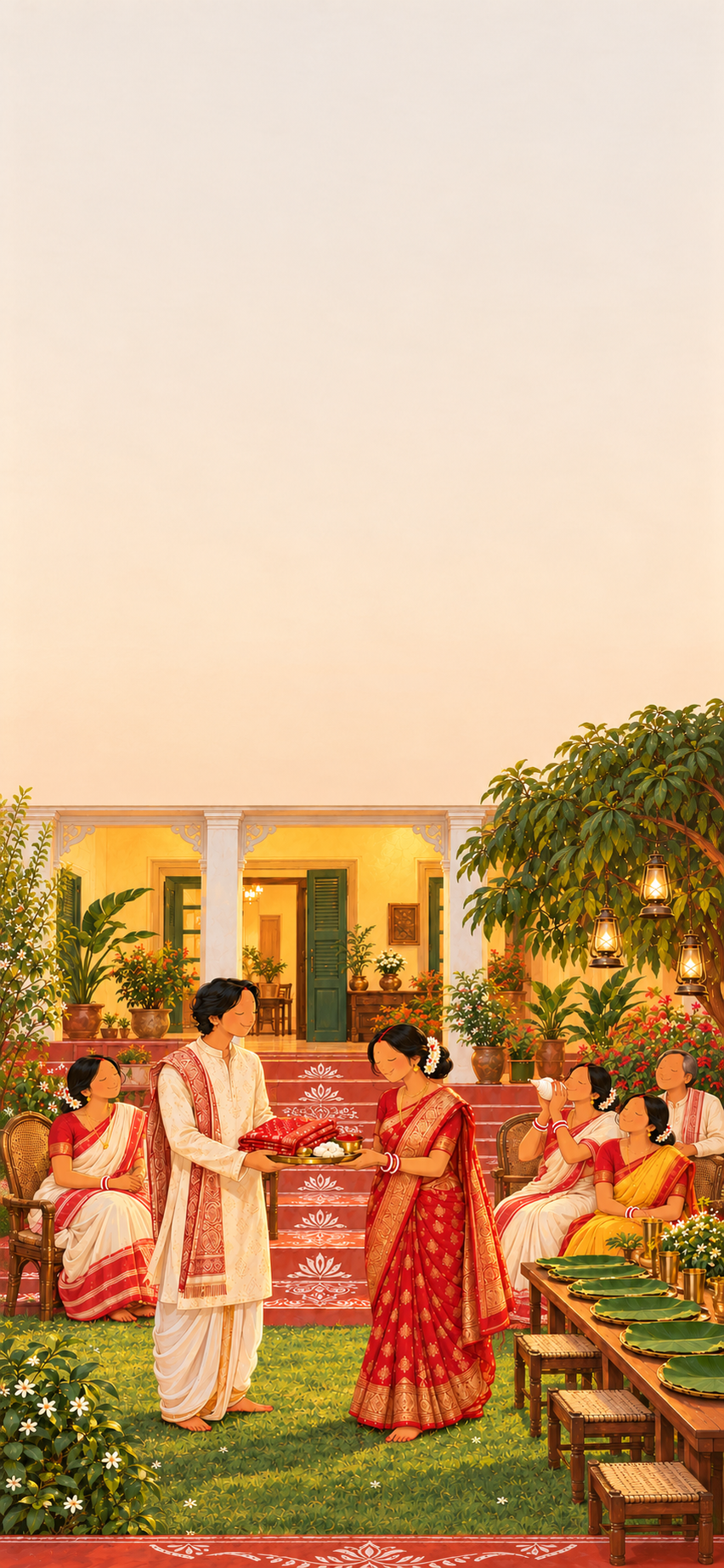 Illustrated Bou Bhaat in a Chandannagar garden at dusk: the groom holds out a plate with a new red sari and rice to the bride in crimson Benarasi and sindoor, his family seated behind them beside a mango tree hung with lamps.