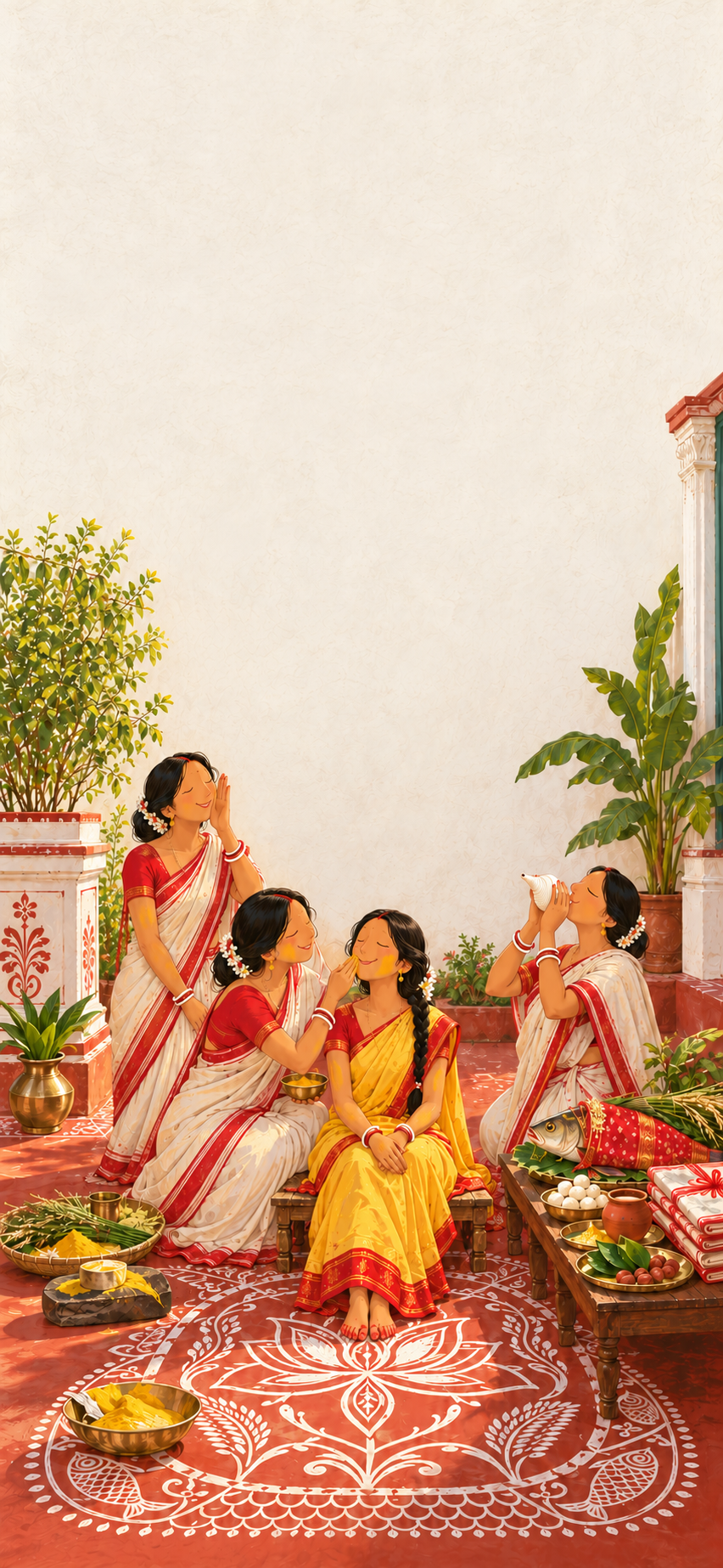 Illustrated Gaye Holud in a Kolkata courtyard: the bride in a yellow red-bordered sari sits on an alpana-painted stool while married women apply turmeric and blow a conch, with the groom’s family’s gift trays and a decorated fish on a bench beside them.