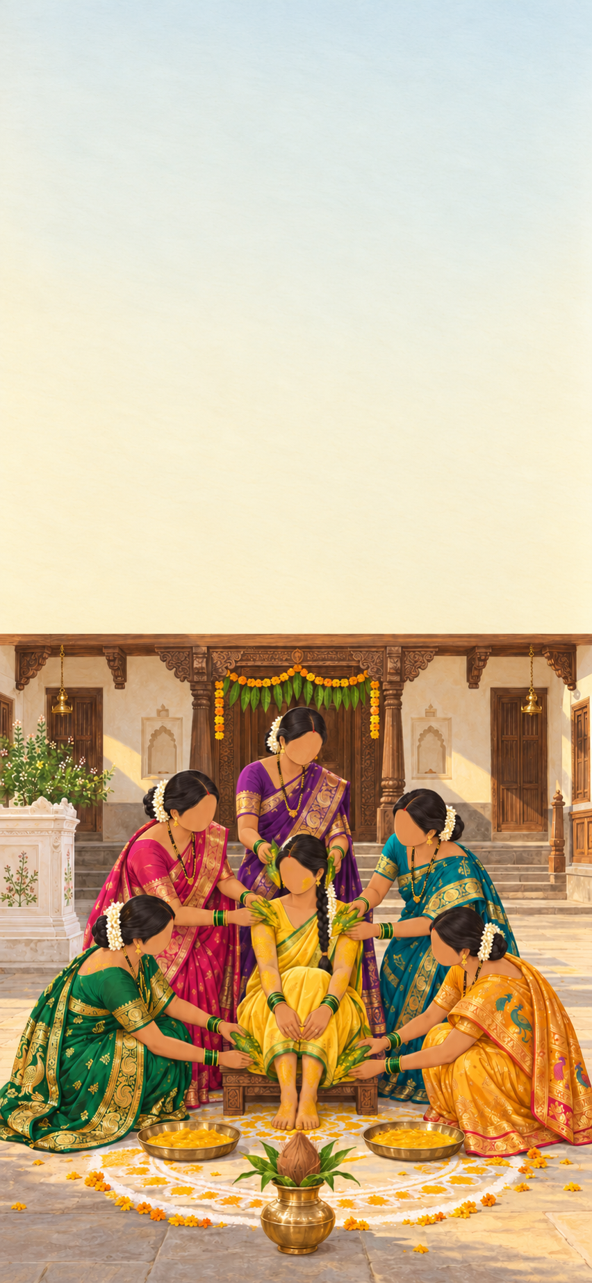 Illustrated Marathi halad in a wada courtyard: the bride sits on a low wooden stool on a rangoli while five married women in nauvari saris touch turmeric paste to her with mango leaves, a tulsi plinth and a mango-leaf toran nearby.
