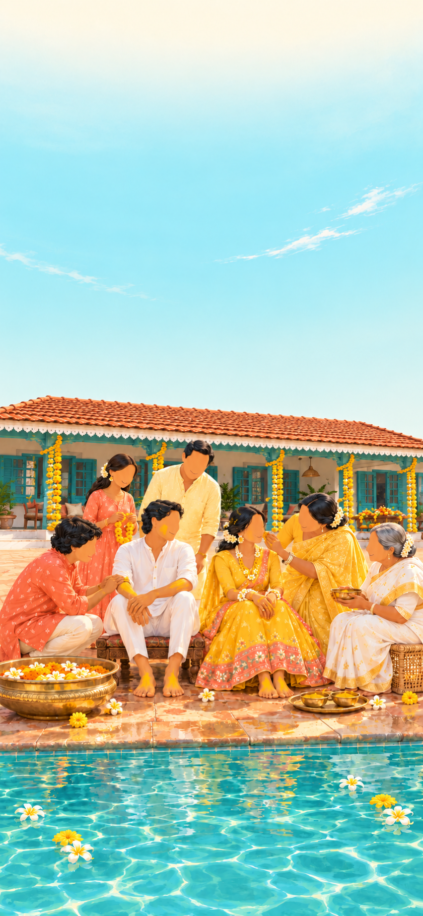 Illustrated haldi beside a Goan villa pool: the couple sit side by side on low wooden stools at the water’s edge while relatives smear turmeric paste on their cheeks and arms, with a brass bowl of floating flowers beside them.