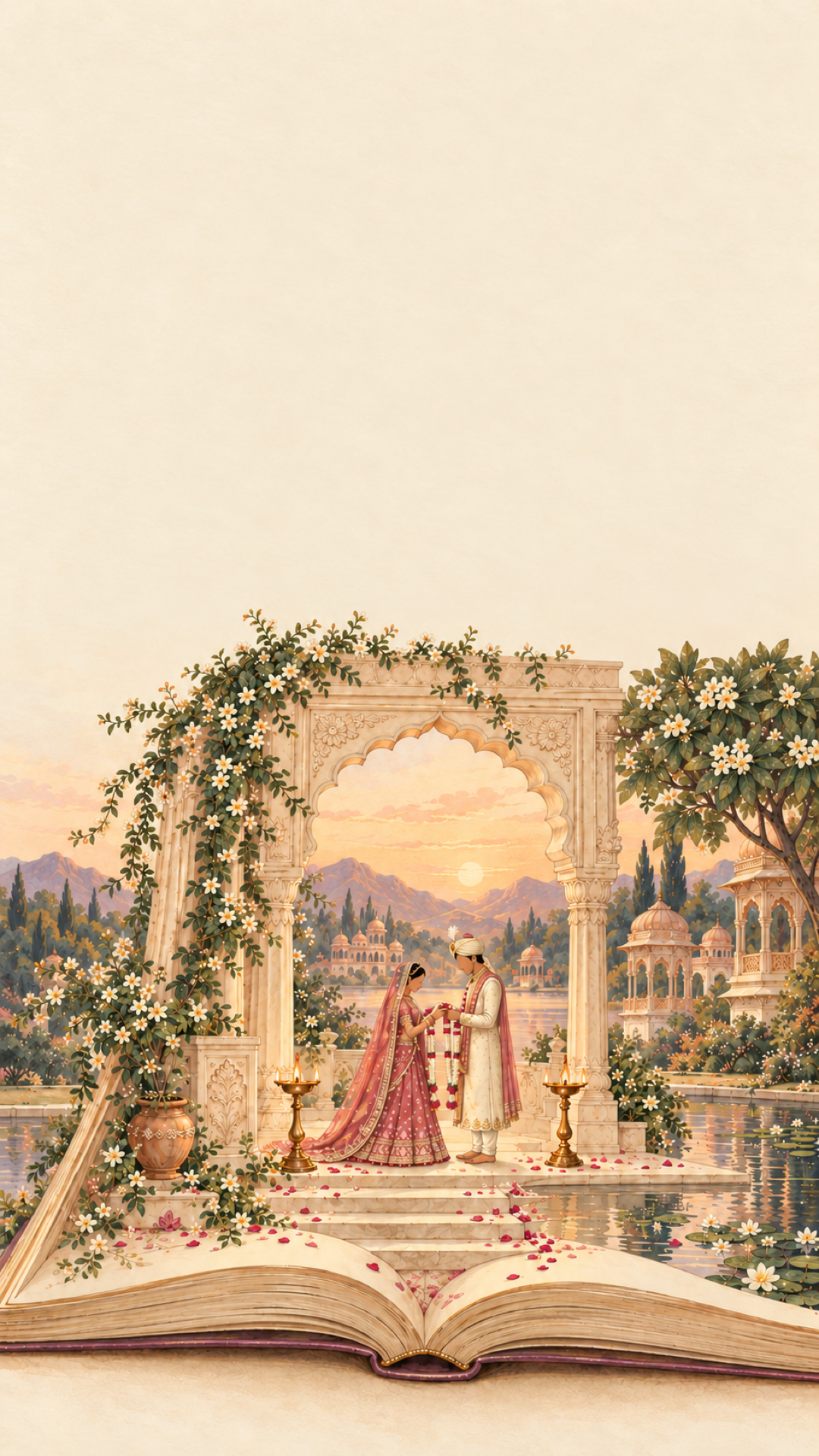 A painted storybook open on ivory paper: a carved palace arch with jasmine rises from its pages, and beneath it a bride and groom exchange flower garlands by a lake at sunset.