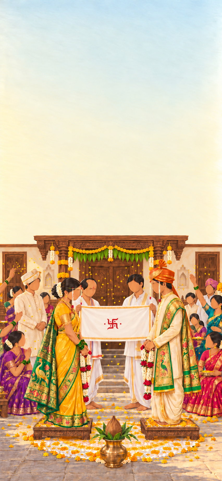 Illustrated Marathi lagna under a carved teak mandap: two men lower a white antarpat cloth between the bride in a yellow nauvari and the groom in a saffron pheta, both with pearl mundavalya, while guests throw yellow rice.