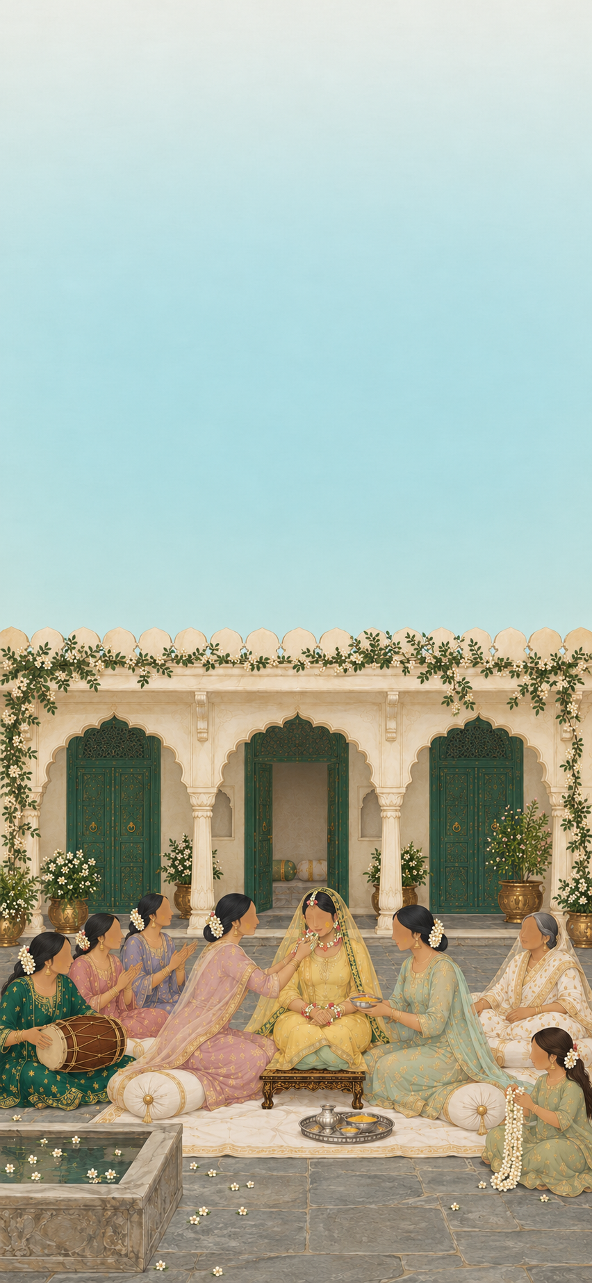 Illustrated Hyderabadi Manjha in an old-city courtyard: the bride in soft yellow with flower jewellery sits on a low chowki while two women smooth turmeric ubtan onto her palm and cheek, a woman plays the dholak, others clap and sing, and a grandmother watches beneath three cusped jade-doored arches.