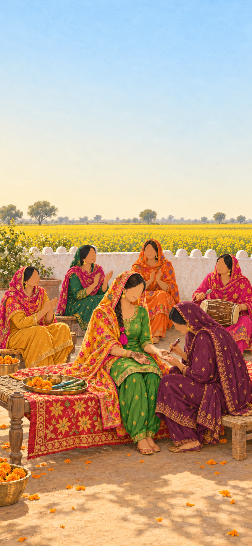 Illustrated mehendi in a Punjabi village courtyard: the bride sits on a charpai draped in a phulkari while a woman draws henna on her palms, and women of the family sing and clap around a dholki, with mustard fields beyond the wall.