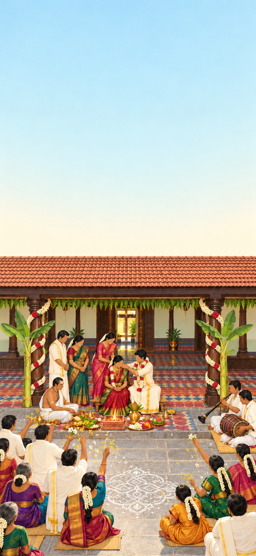Illustrated Tamil muhurtham in the front courtyard of a Chettinad mansion: on a tiled dais between jasmine-wound teak pillars, the groom ties the thaali on its turmeric-yellow thread round the bride’s neck as she sits in a red Kanjivaram beside a small homam, his sister waiting behind her, a priest and nadaswaram and thavil players at the sides, and relatives tossing rice from the courtyard.