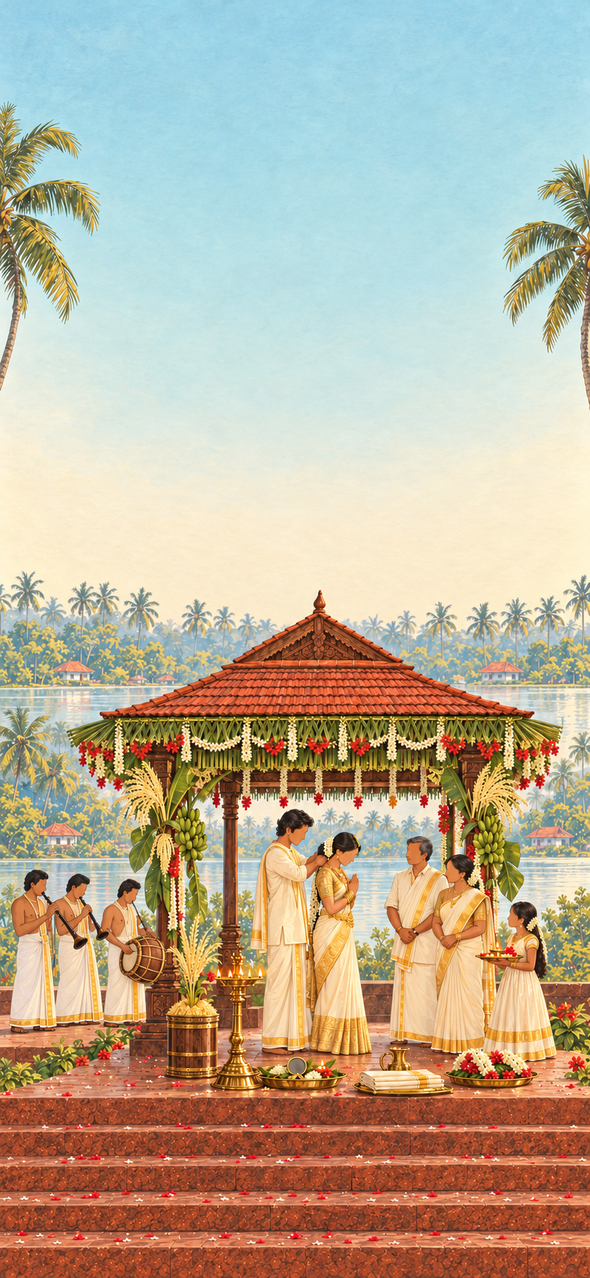 Illustrated Kerala Hindu wedding in morning light: in an open teak mandapam by the backwater, the groom ties the thaali at the bride’s neck before a tall lit brass lamp, her parents and a girl with a lamp plate beside them.