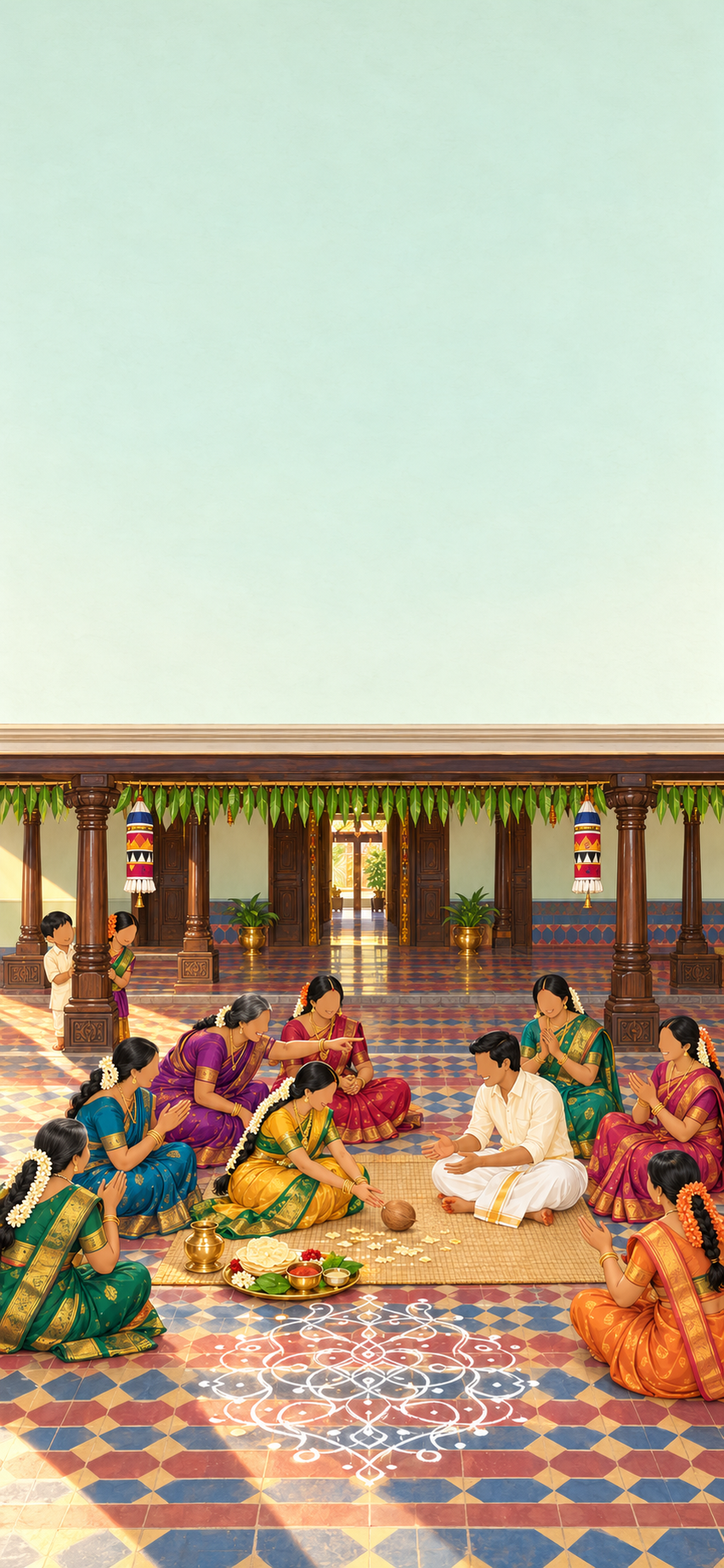Illustrated Tamil nalangu games in the sunlit inner courtyard of a Chettinad mansion: the newlyweds sit facing each other on a grass mat inside a white kolam, the bride in a mango-yellow Kanjivaram rolling a coconut to the laughing groom, while women of both families clap and sing around them under teak pillars hung with thombai festoons.
