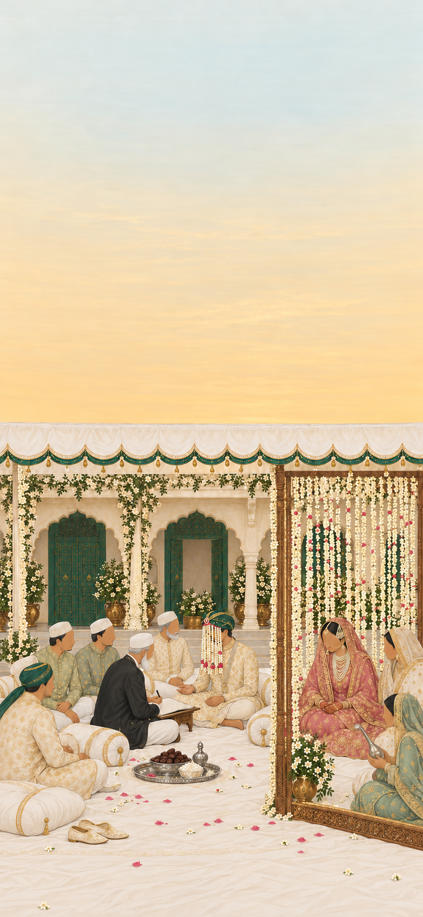 Illustrated Hyderabadi Nikah under a white canopy in late-afternoon light: the groom in an ivory sherwani and a jasmine sehra sits facing the elderly qazi and two witnesses, while across a sheer screen of jasmine strings the bride in a rose-and-gold khada dupatta and pearl satlada sits among the women of her family.