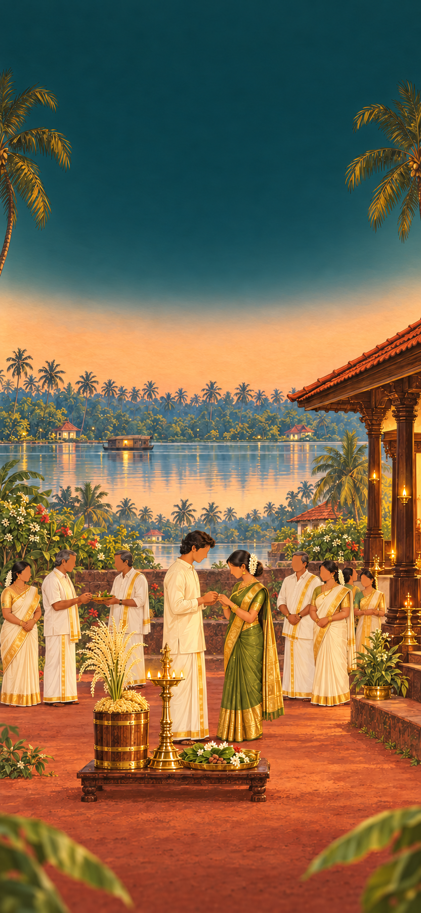 Illustrated Kerala engagement at dusk: the couple exchange rings before a lit brass lamp in a tharavad courtyard while their fathers exchange betel leaves, the backwater glowing behind them.