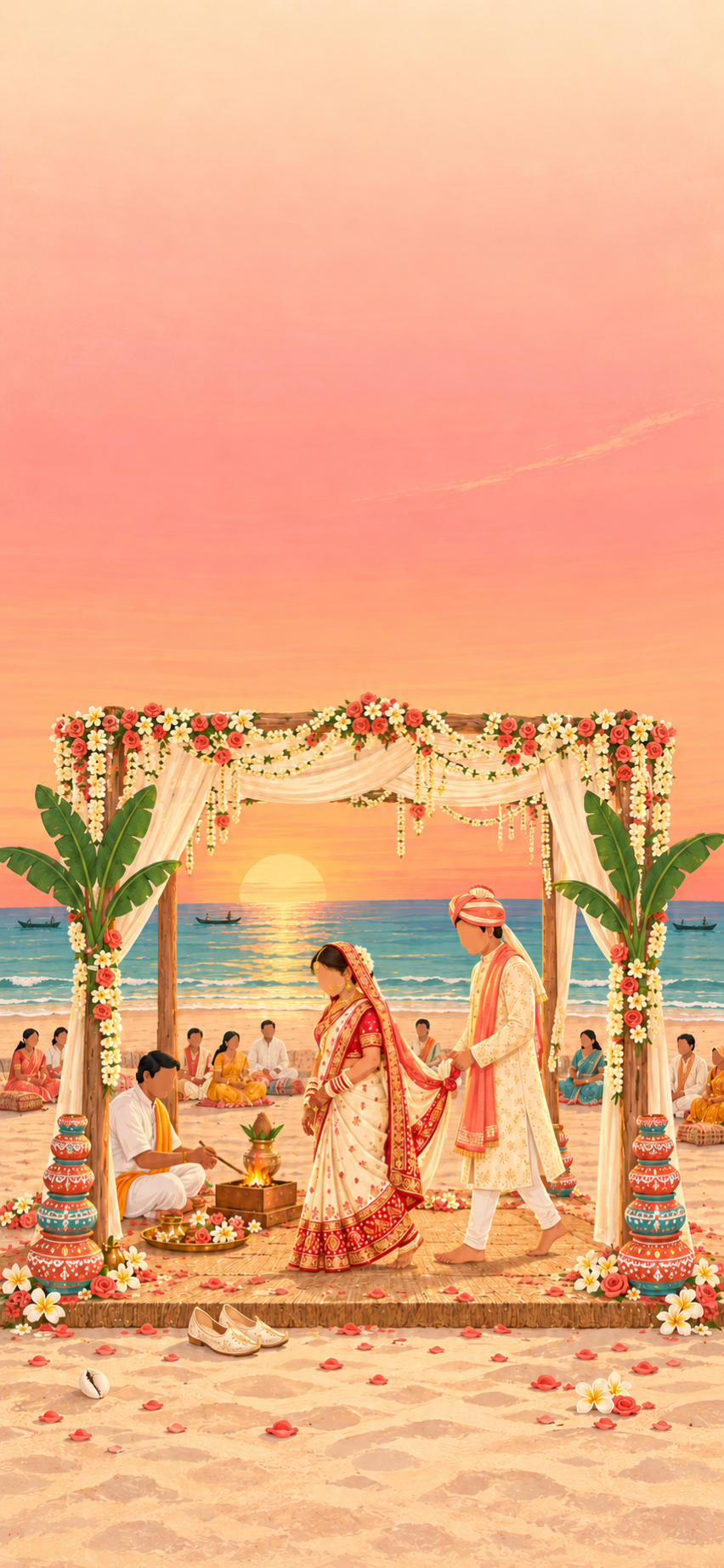 Illustrated Gujarati wedding on a Goan beach at sunset: the bride in an ivory red-bordered sari and the groom in an ivory sherwani, their clothes knotted together, walk around a small fire inside a four-pillared mandap on the sand while the sun sets over the sea.
