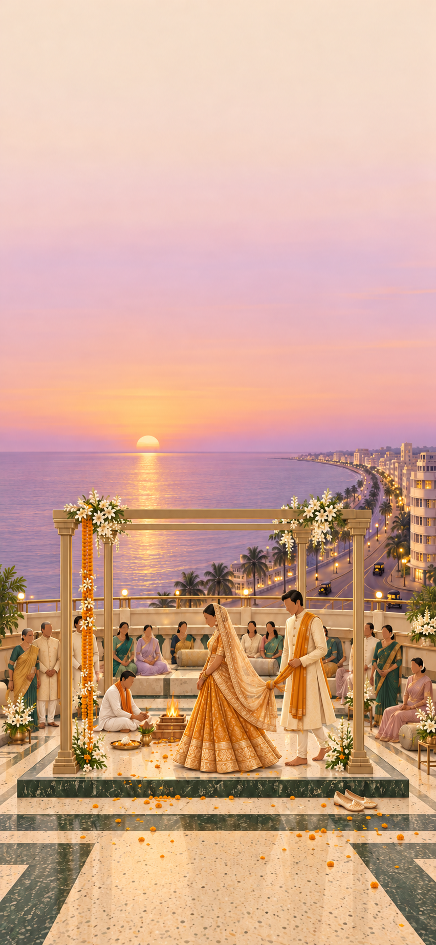 Illustrated Vedic wedding at sunset on an art-deco hotel rooftop: the bride in a marigold Banarasi lehenga and the groom in an ivory sherwani, their clothes knotted together, walk around a small fire inside a slim brass mandap, with the curve of Marine Drive and its first streetlights below a golden sun over the bay.