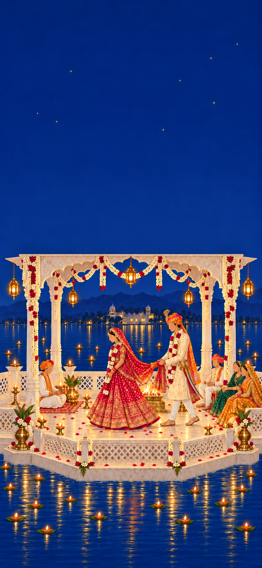 Illustrated midnight pheras in a white marble pavilion on a lake: the couple, tied by the gathbandhan, circle a small fire while the pandit and parents sit nearby, with floating diyas scattered on the water.