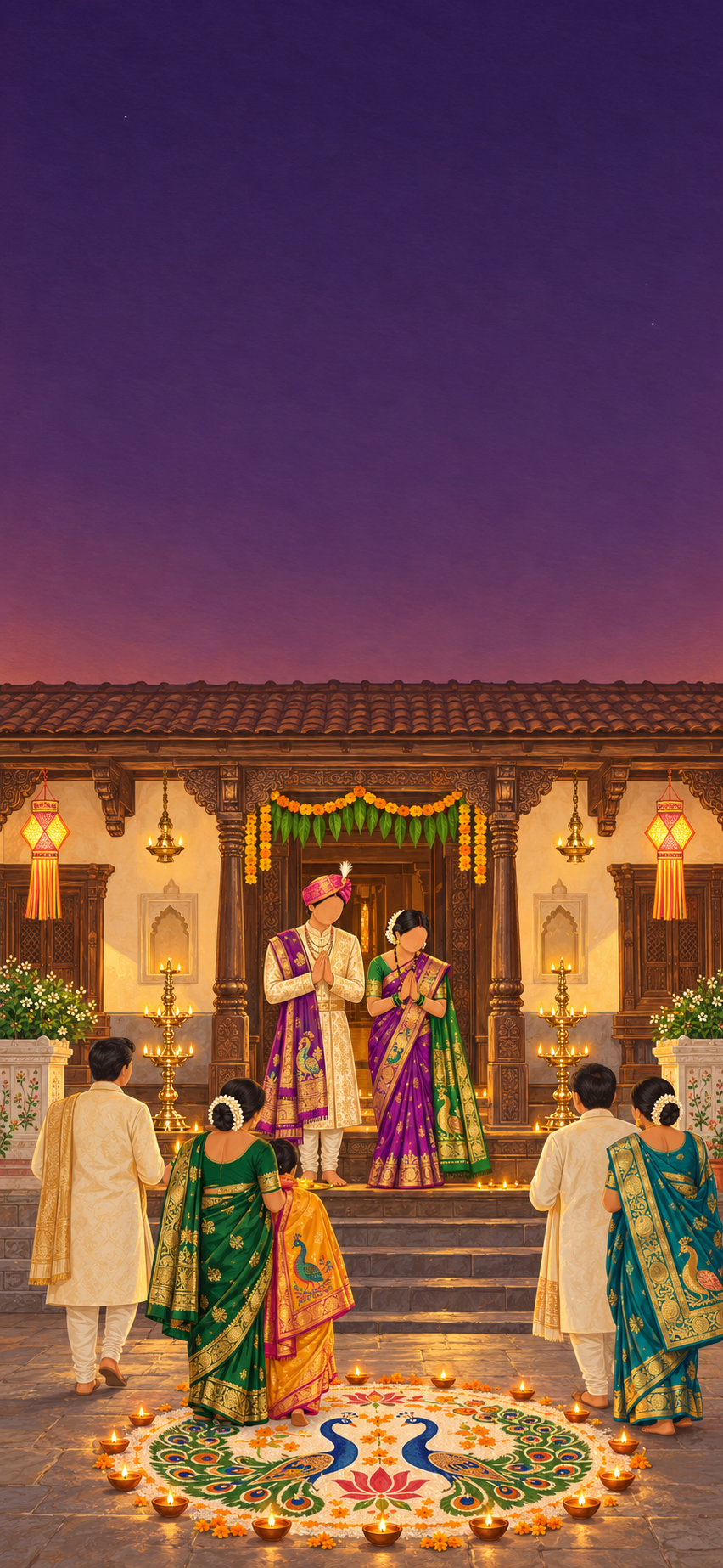Illustrated evening reception at a Marathi wada under a plum dusk sky: the couple, she in a purple paithani, greet guests with folded hands on the wooden veranda between tall brass samai lamps, a peacock rangoli ringed by diyas in front.