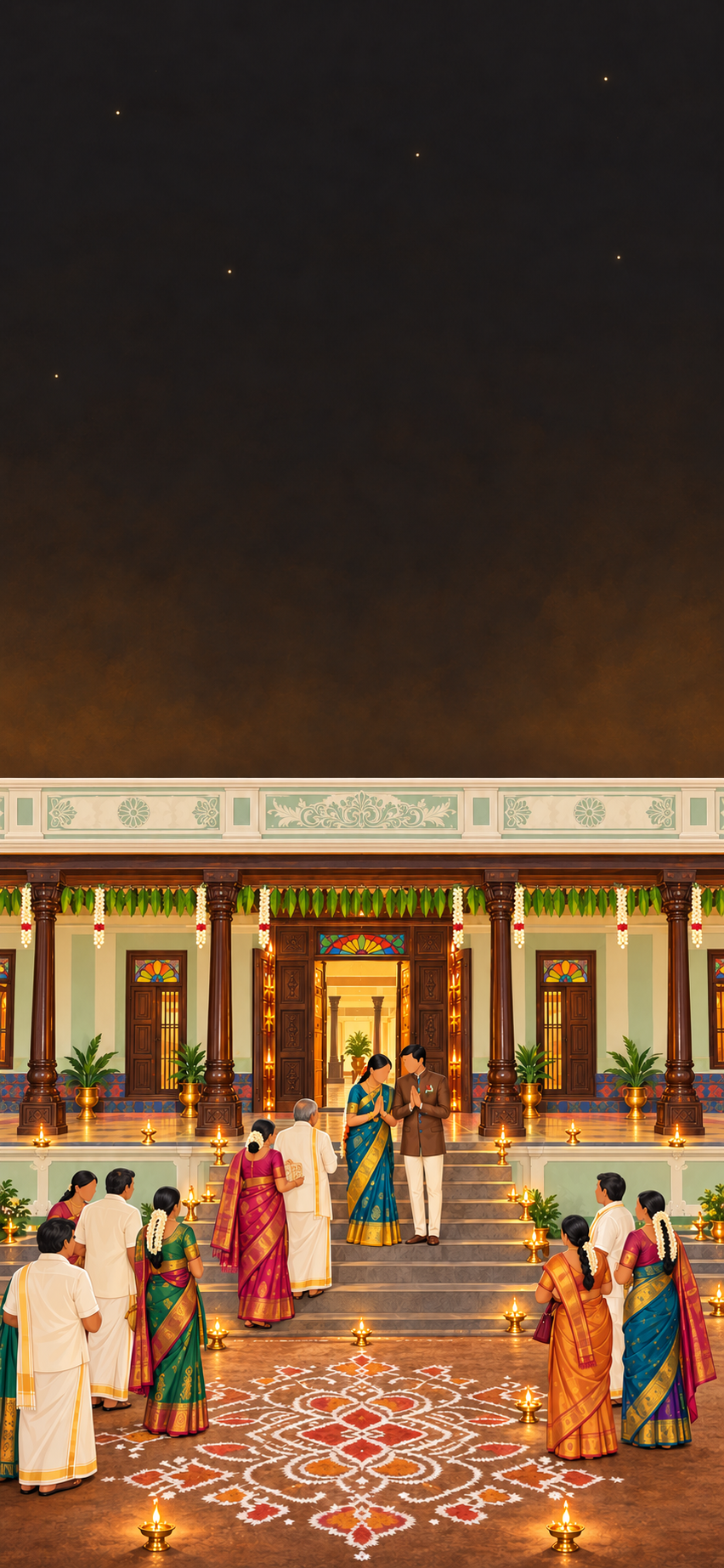 Illustrated Tamil wedding reception at night before a mint-plastered Chettinad mansion: the newlyweds, she in a peacock-blue Kanjivaram and he in a teak-brown bandhgala, greet an elderly couple climbing the steps with a gift, framed by a teak colonnade and an open carved door glowing with warm light, above a white kolam forecourt lined with small brass oil lamps.