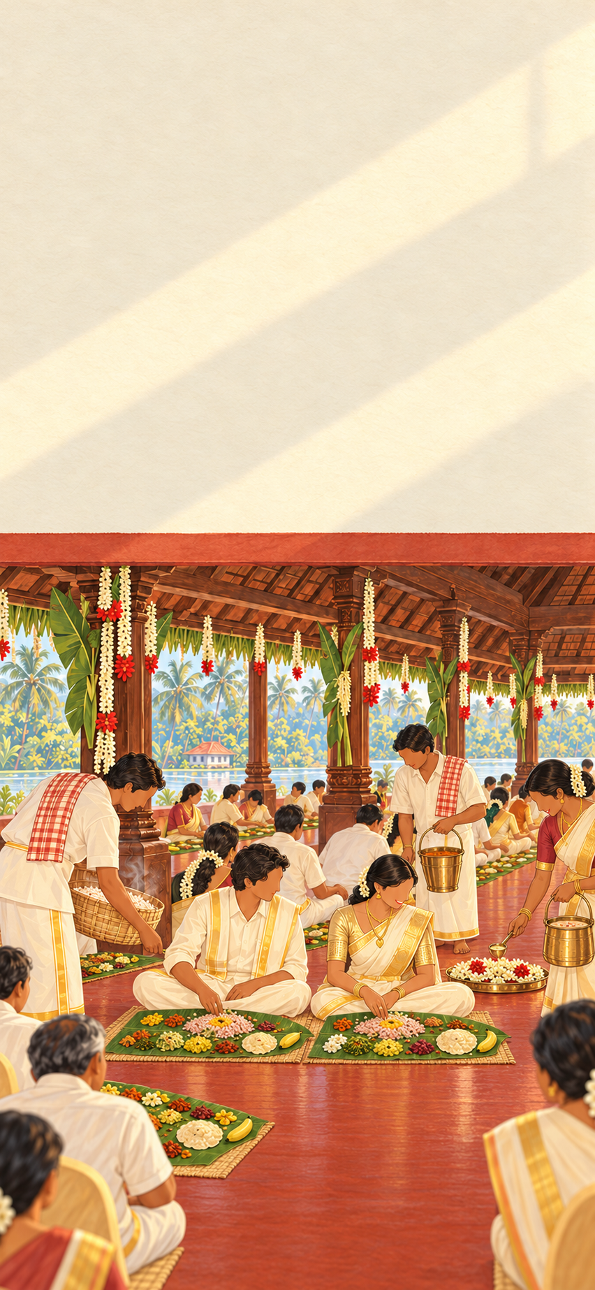 Illustrated Kerala wedding feast: the newlyweds sit cross-legged at the head of a row of guests eating from banana leaves on a red floor, while servers in white mundu bring rice and sambar.