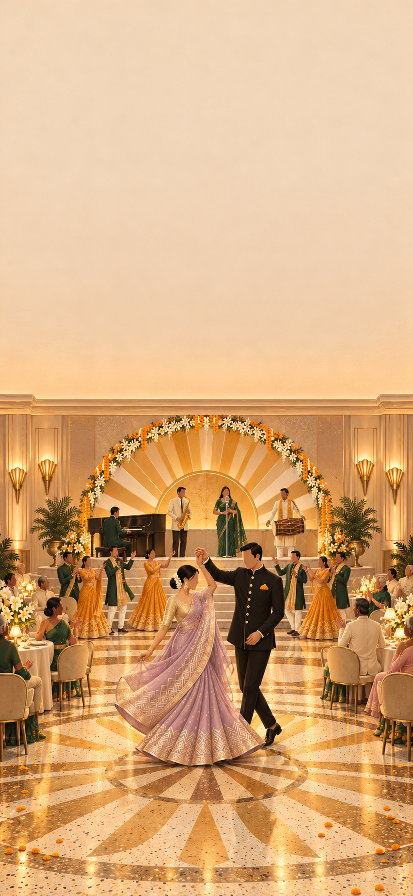 Illustrated cocktail sangeet in a 1930s art-deco hotel ballroom: the bride in a lilac organza sari and the groom in an onyx bandhgala dance on a terrazzo sunburst floor, cheered on by cousins in bottle green and marigold, with a small band on a curved bandstand under a plaster sunburst.