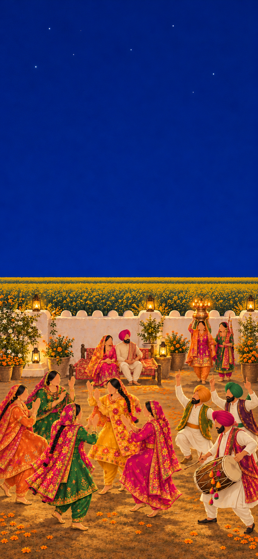 Illustrated Punjabi sangeet at night on a farm lawn: women dance giddha in a circle, a dhol player and two young men dance bhangra, the mami carries a lamp-crowned brass gaagar for the Jaago, and the couple watch from a charpai under an indigo sky.
