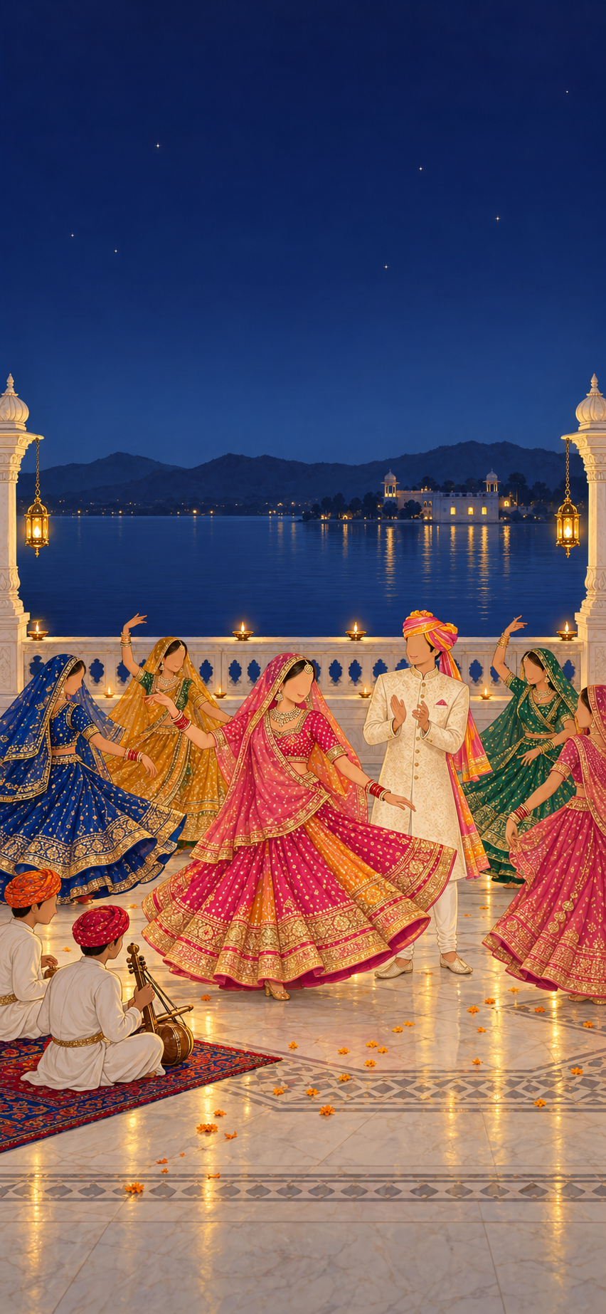 Illustrated Sangeet night on the marble terrace of a lake palace: the bride in a pink and marigold bandhej lehenga twirls in Ghoomar beside the groom in an ivory bandhgala and leheriya safa, women dance around them and two folk musicians play on a durrie under brass lanterns.