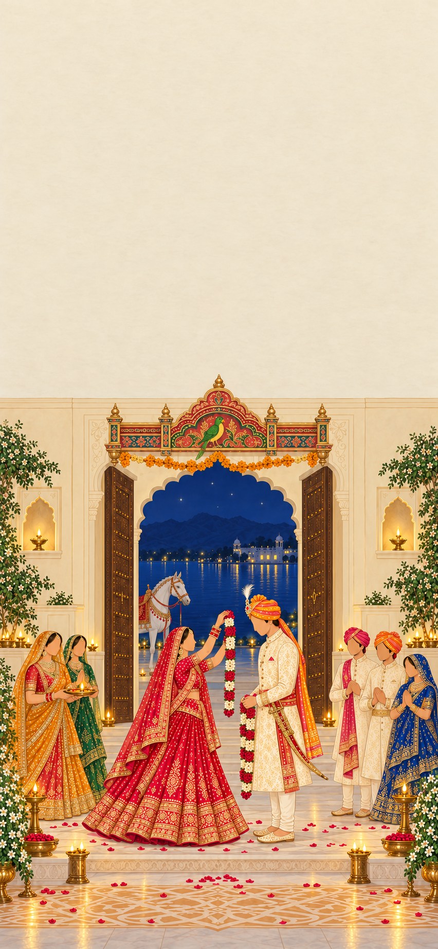 Illustrated garland exchange in a lamplit palace courtyard: the bride in a red Rajputi poshak raises a rose garland toward the groom in an ivory achkan and saffron safa, under a carved toran on the open gateway, with family nearby and a white mare waiting outside.