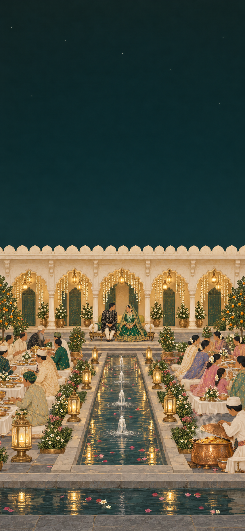 Illustrated Hyderabadi Walima at night in a fountain garden: the couple, she in a jade gharara and pearl satlada and he in a black sherwani with silver vines, sit together on a low takht in a glowing white pavilion, while families dine along both banks of a lantern-lit channel and a cook opens a copper deg of biryani.